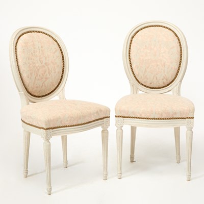 Lot 192 - Pair of Louis XVI Style Fortuny Upholstered Painted Side Chairs