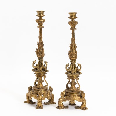 Lot 45 - Pair of Baroque Style Gilt-Metal Candlesticks