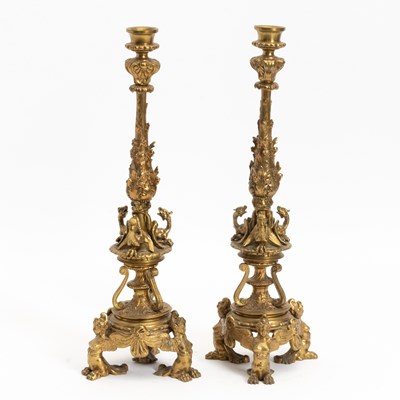 Lot 45 - Pair of Baroque Style Gilt-Metal Candlesticks