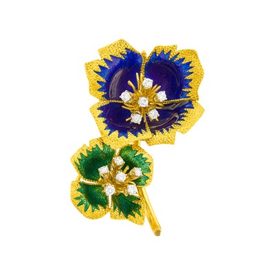 Lot 118 - Gold, Green and Blue Enamel and Diamond Double Flower Clip-Brooch