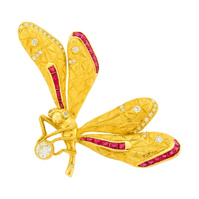 Lot 138 - Sophia D. Gold, Diamond and Ruby Dragonfly Brooch