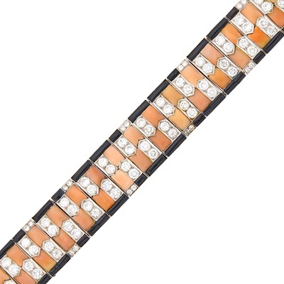 Lot 290 - Platinum, Coral, Diamond and Black Onyx Bracelet