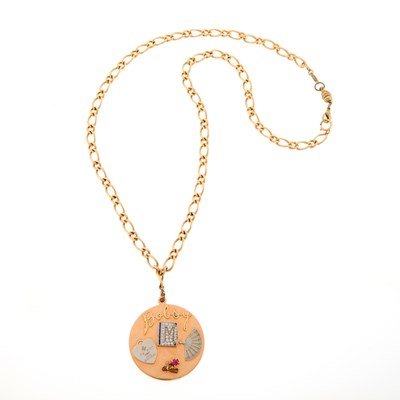 Lot 1057 - Rose Gold, Platinum, Diamond and Gem-Set Pendant with Gold Chain Necklace
