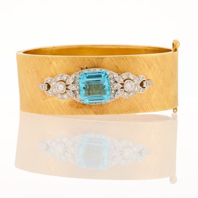 Lot 1073 - Two-Color Gold, Aquamarine and Diamond Bangle Bracelet