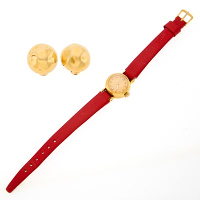 Lot 1229 - Omega Gold 'Ladymatic' Wristwatch and Pair of Dome Earclips