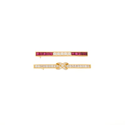 Lot 1009 - Gold and Ruby Bar Pin and Tiffany & Co. Gold and Diamond 'X' Bar Pin