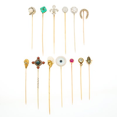 Lot 1226 - Group of Gold, Low Karat Gold, Silver, Diamond and Gem-Set Stick Pins
