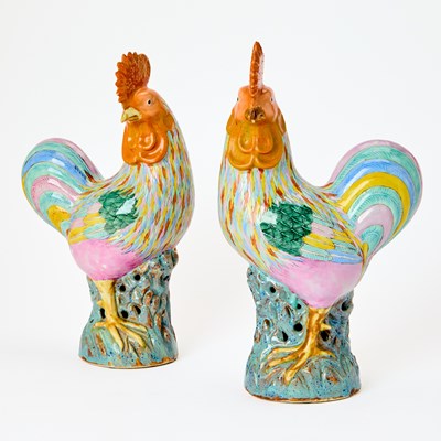 Lot 587 - Pair of Chinese Export Polychrome Porcelain Cockerels