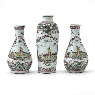Lot 493 - Three-Piece Delft Petit Feu Polychrome Faience Garniture
