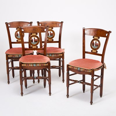 Lot 3150 - Set of Four Continental Painted Oak and Rush Seat Side Chairs