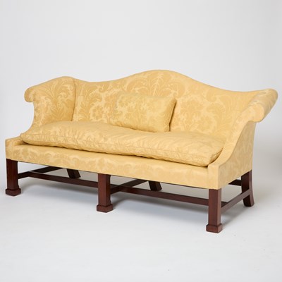 Lot 138 - Chippendale Style Linen Upholstered Mahogany Sofa