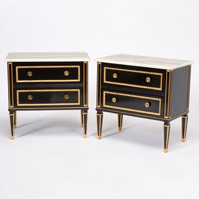 Lot 199 - Pair of Louis XVI Style Ebonized Gilt Mounted Commodes