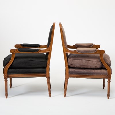 Lot 184 - Pair of Louis XVI Style Upholstered Mahogany Fauteuils