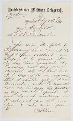 Lot 116 - The text of a 1862 telegraph in the hand of Richard O'Brien