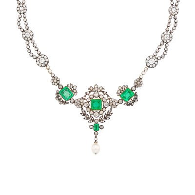 Lot 1078 - Antique Silver, Gold, Emerald, Diamond and Natural Pearl Swag Necklace and Pair of Pendant-Earrings
