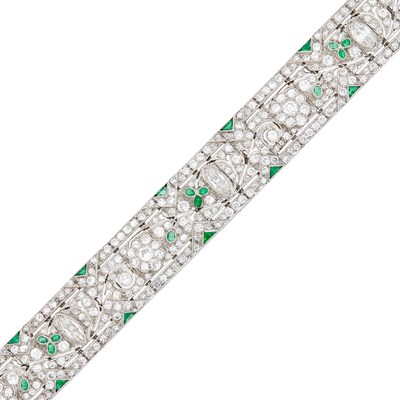 Lot 228 - Platinum, Diamond and Emerald Bracelet
