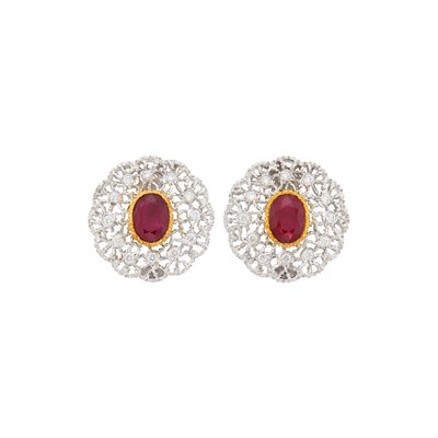 Lot 133 - Mario Buccellati Pair of Two-Color Gold, Ruby and Diamond Earclips
