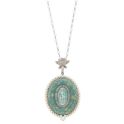Lot 192 - Belle Époque Platinum, Gold, Green Guilloché Enamel, Diamond and Pearl Pendant-Watch Necklace