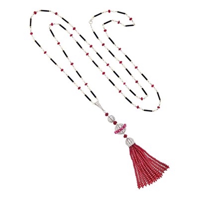 Lot 280 - Long Platinum, Ruby Bead, Pearl and Diamond Tassle Pendant-Necklace