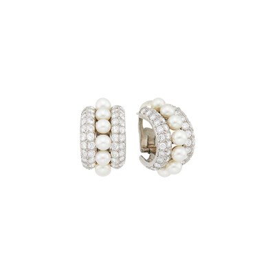 Lot 54 - Pair of Platinum, Cultured Pearl and Diamond Half-Hoop Earrings