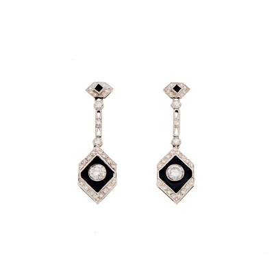 Lot 2122 - Pair of White Gold, Black Onyx and Diamond Pendant-Earrings