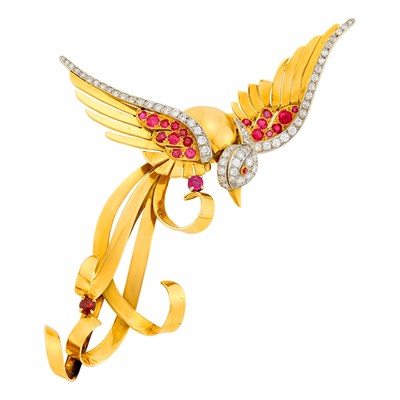Lot 24 - Gold, Platinum, Ruby and Diamond Bird Clip