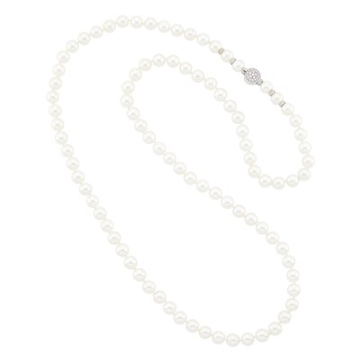 Lot 53 - Long Cultured Pearl, White Gold and Diamond Necklace
