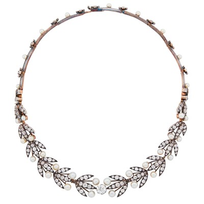 Lot 190 - Attributed to Boucheron Antique Silver, Gold, Diamond and Pearl Necklace/Bracelet Combination, France