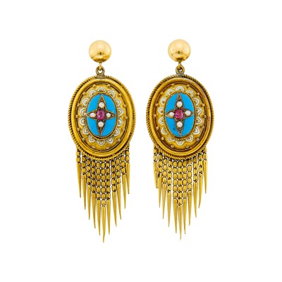 Lot 1189 - Pair of Arachaeological Revivial Gold, Ruby, Split Pearl and Enamel Fringe Earrings