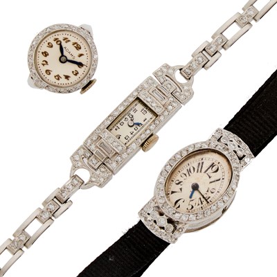 Lot 2137 - Two Platinum and Diamond Wristwatches and White Metal Ring-Watch