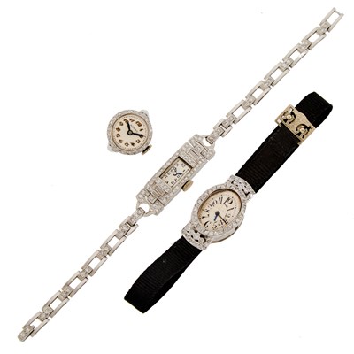 Lot 2137 - Two Platinum and Diamond Wristwatches and White Metal Ring-Watch
