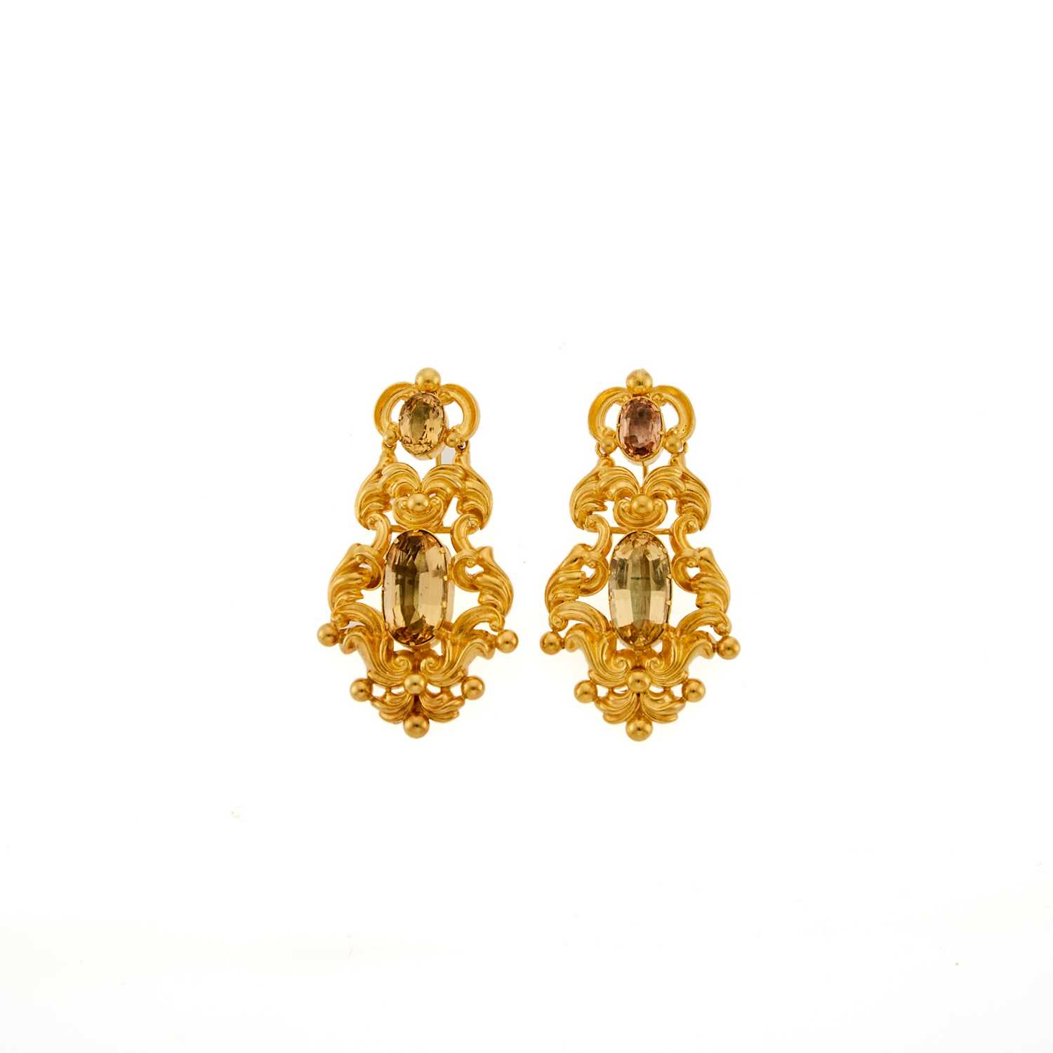 Lot 2206 - Pair of Antique Gold and Topaz Pendant-Earrings