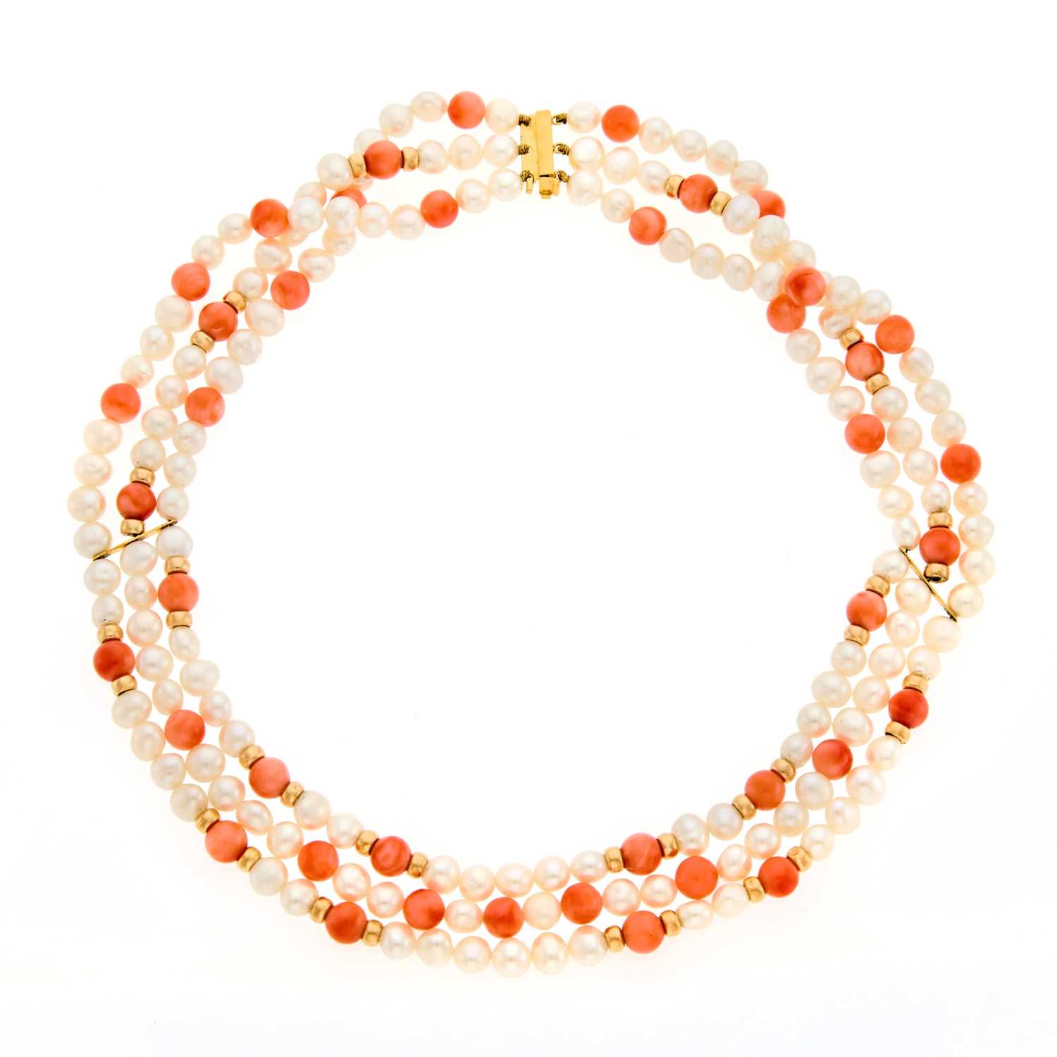 Lot 2235 - Triple Strand Gold, Coral Bead and Freshwater Pearl Necklace