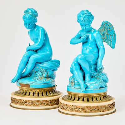 Lot 602 - Pair of Sèvres Style Turquoise-Glazed Porcelain Figures: of Cupid and Psyche