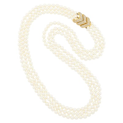 Lot 110 - Long Triple Strand Cultured Pearl Necklace with Gold and Diamond Clasp