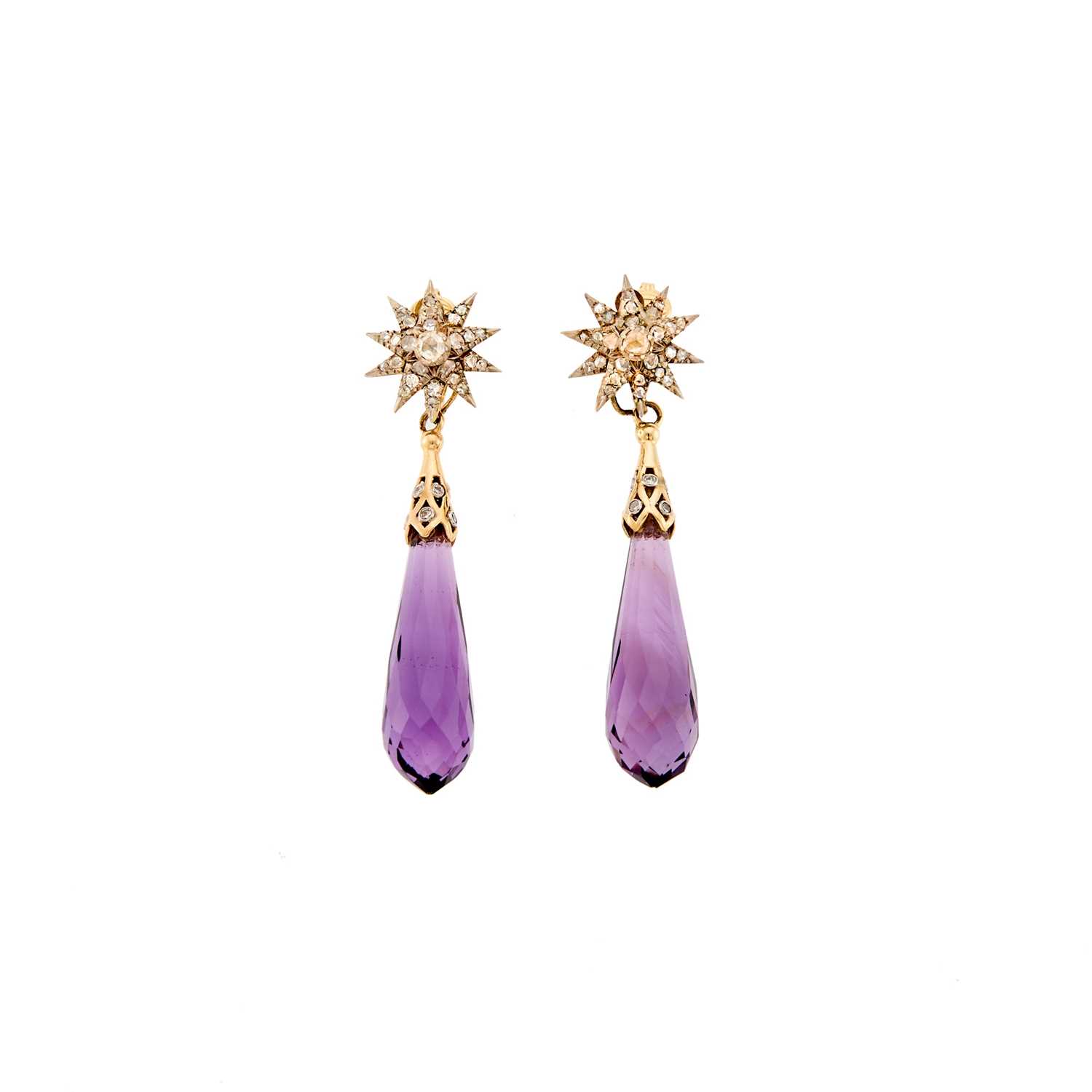 Lot 2198 - Gold, Diamond and Amethyst Pendant Earrings