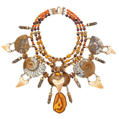 Lot 1221 - Tony Duquette Oversized Silver-Gilt Amber, Hardstone, Shell and Chalcedony Bead Fringe Necklace