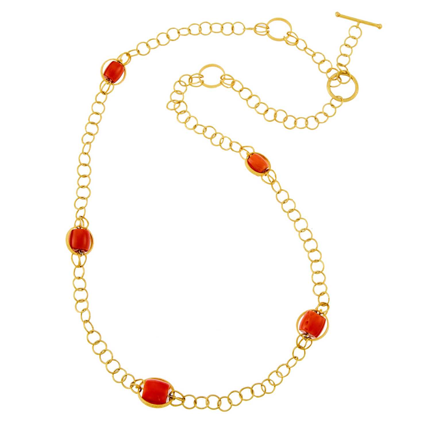 Lot 2262 - Long Gold and Coral Bead Circle Link Chain Necklace with Toggle Clasp