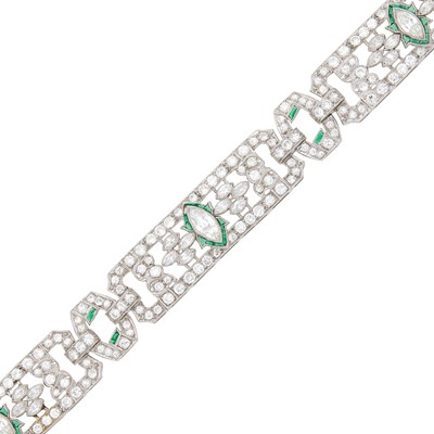 Lot 224 - Platinum, Diamond and Simulated Emerald Bracelet