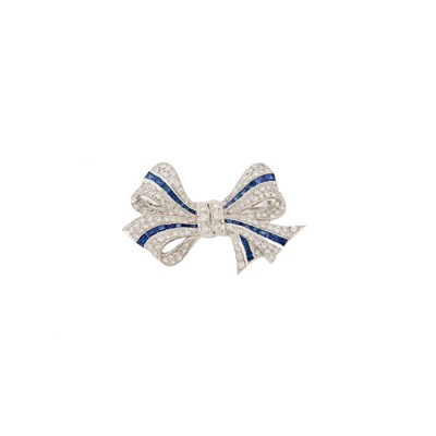 Lot 1166 - White Gold, Diamond and Sapphire Bow Brooch
