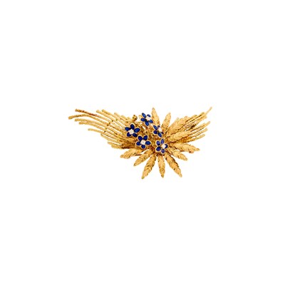 Lot 1178 - Gold, Diamond and Blue Enamel Flower Brooch