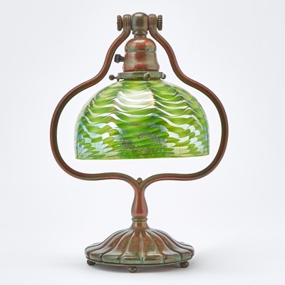 Lot 236 - Tiffany Studios Bronze and Favrile Glass Harp Desk Lamp
