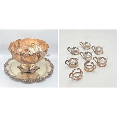 Lot 1132 - American Sterling Silver Punch Bowl, Ladle, Cups, and Stand