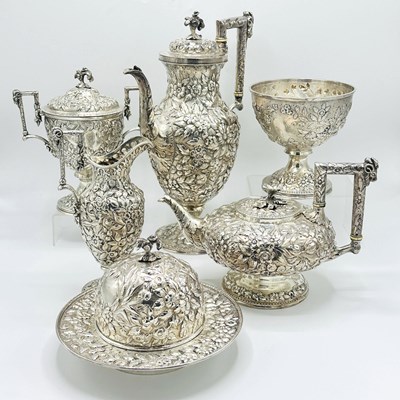 Lot Assembled American Coin Silver Repousse Tea and Coffee Service
