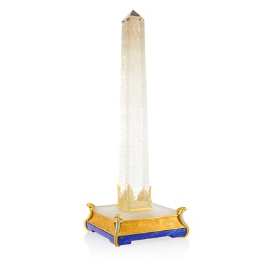 Lot 148 - Henry Dunay Platinum, Gold, Carved Colorless Topaz, Diamond, Lapis and Rock Crystal Obelisk 'Cleopatra's Needle' Desk Objet