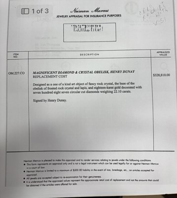 Lot 148 - Henry Dunay Platinum, Gold, Carved Colorless Topaz, Diamond, Lapis and Rock Crystal Obelisk 'Cleopatra's Needle' Desk Objet