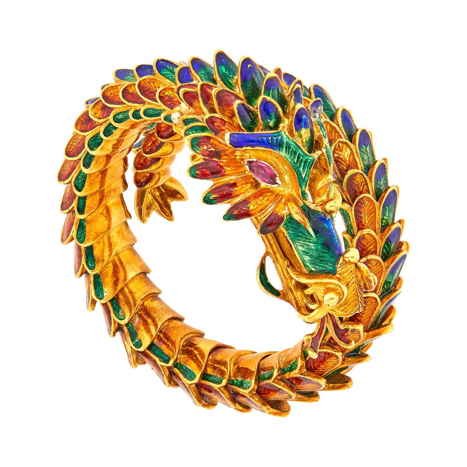 Lot 1230 - Gold, Multicolored Enamel and Ruby Coiled Dragon Bracelet