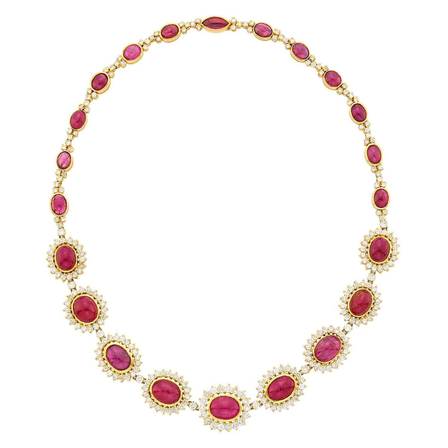 Lot 2216 - Gold, Cabochon Ruby and Diamond Necklace