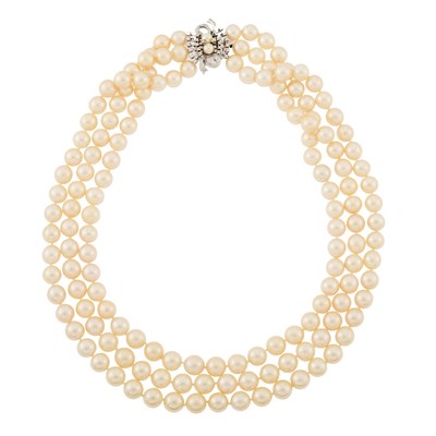 Lot 1210 - Triple Strand Cultured Pearl Necklace with White Gold and Diamond Clasp