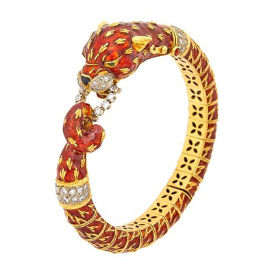 Lot 153 - Frascarolo Gold, Red Enamel and Diamond Panther Head Bangle Bracelet